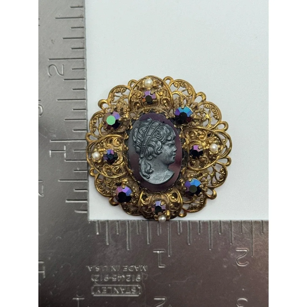 Vintage West Germany Cameo Brooch AB Rhinestone Faux‎ Pearl Filigree Brooch
